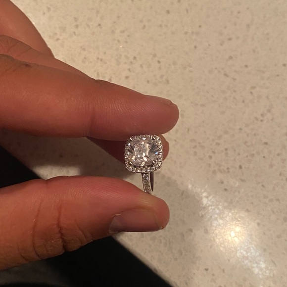 Halo Princess Cut Engagement Ring Stamped 925 Silver Partial Pave Band Two Sizes - Picture 7 of 15